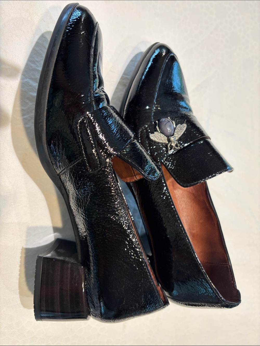 Black Patent Leather Pointed Loafers with Bee Accent by Hispanita - Picture 5 of 14